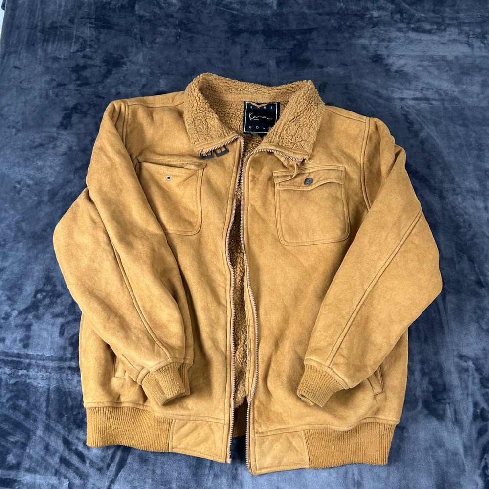 Karl Kani Faux Suede Bomber Jacket Mens XXL Brown Sherpa Lined broke‎ zipper